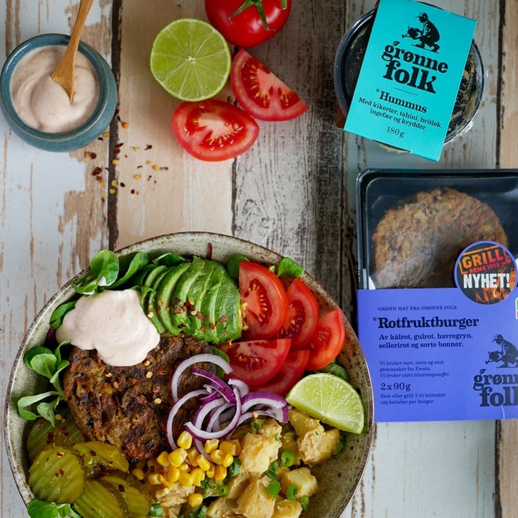 Bowl med rotfruktburger fra Grønne Folk